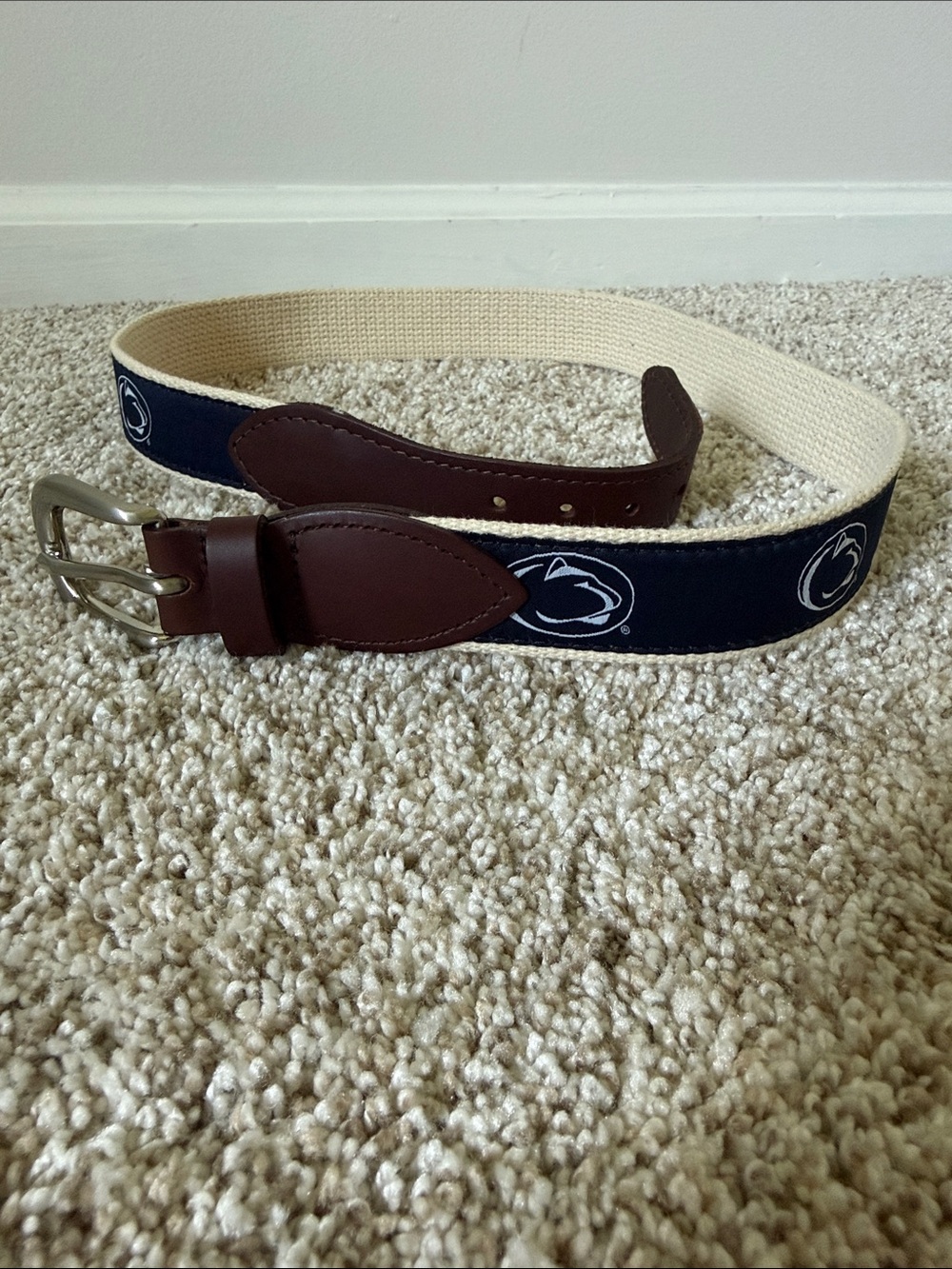 Penn State Navy Canvas Belt with Brown Leather Trim